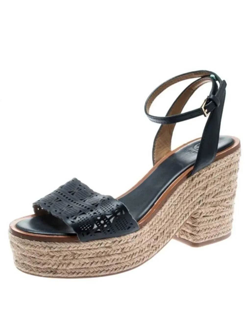 Tory Burch Roselle Navy Laser Cut Leather Platform Espadrille Sandals, Size 10.5